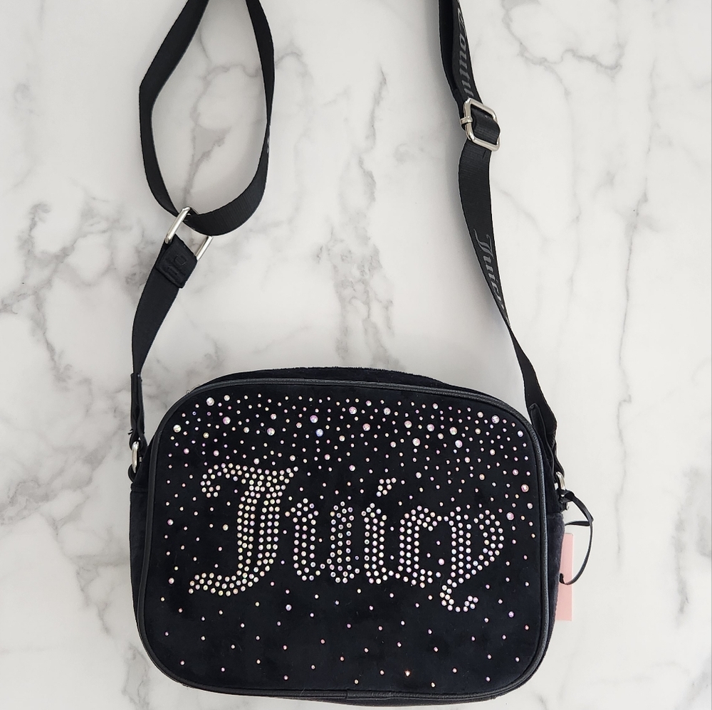 Juicy Couture Black "Let It Shine" Velvet Rhinestone Encrusted Crossbody Bag - Picture 5 of 17